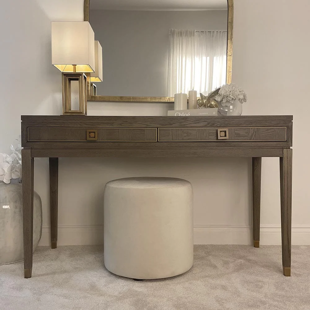 Haye 2 Drawer Chestnut & Gold Dressing Table with Glass Top - Image 6