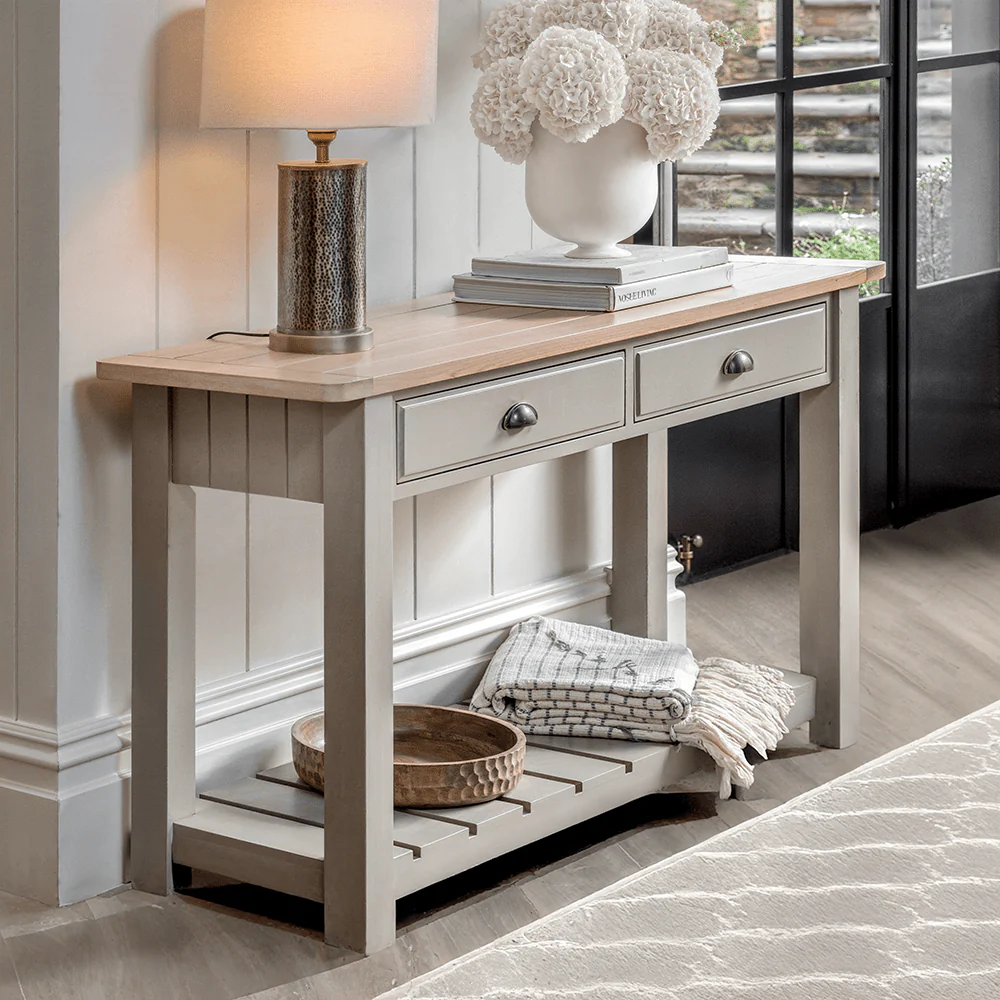 Highclere Sage Green Painted 2 Drawer Console Table with Oak Top
