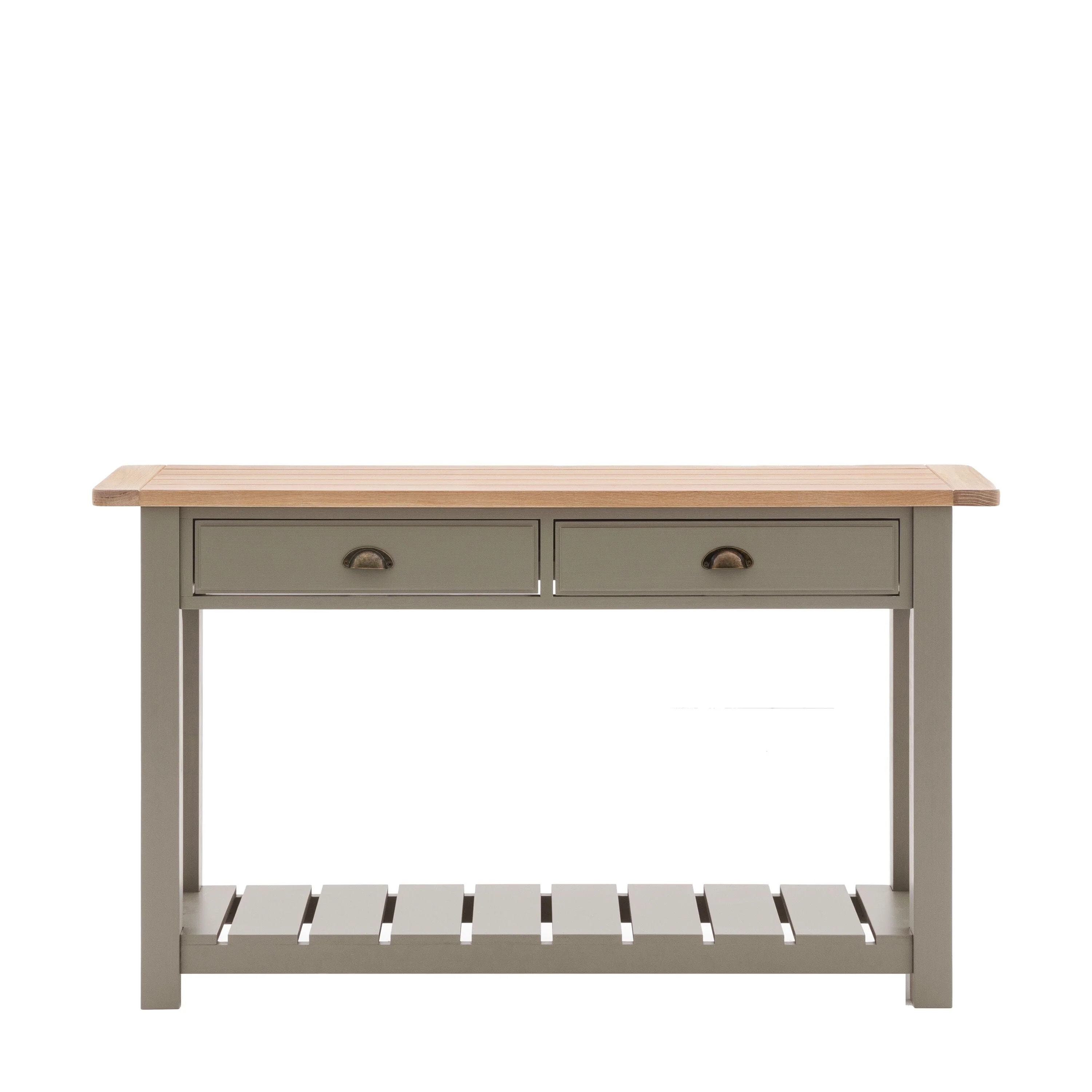 Highclere Sage Green Painted 2 Drawer Console Table with Oak Top - Image 2
