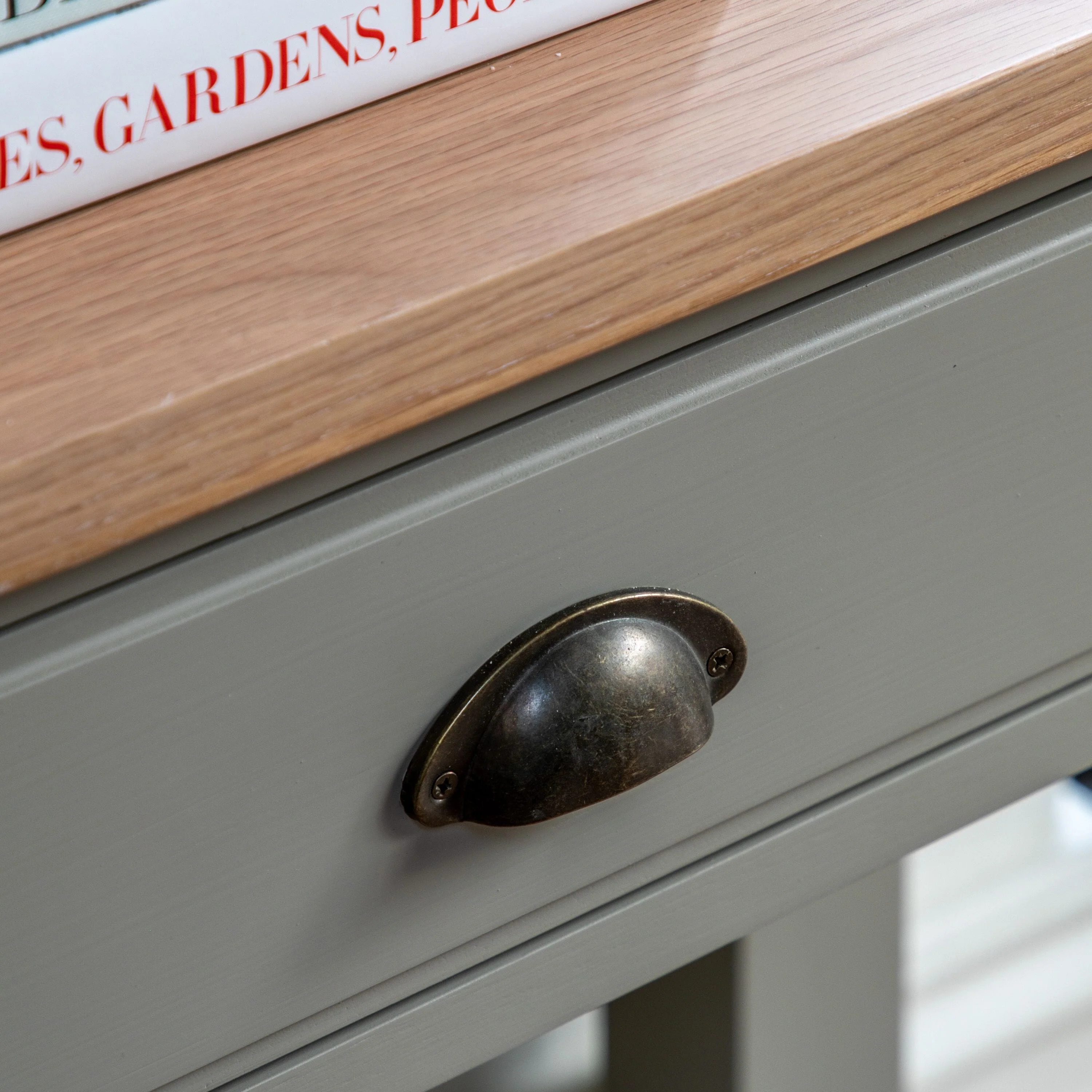 Highclere Sage Green Painted 2 Drawer Console Table with Oak Top - Image 4
