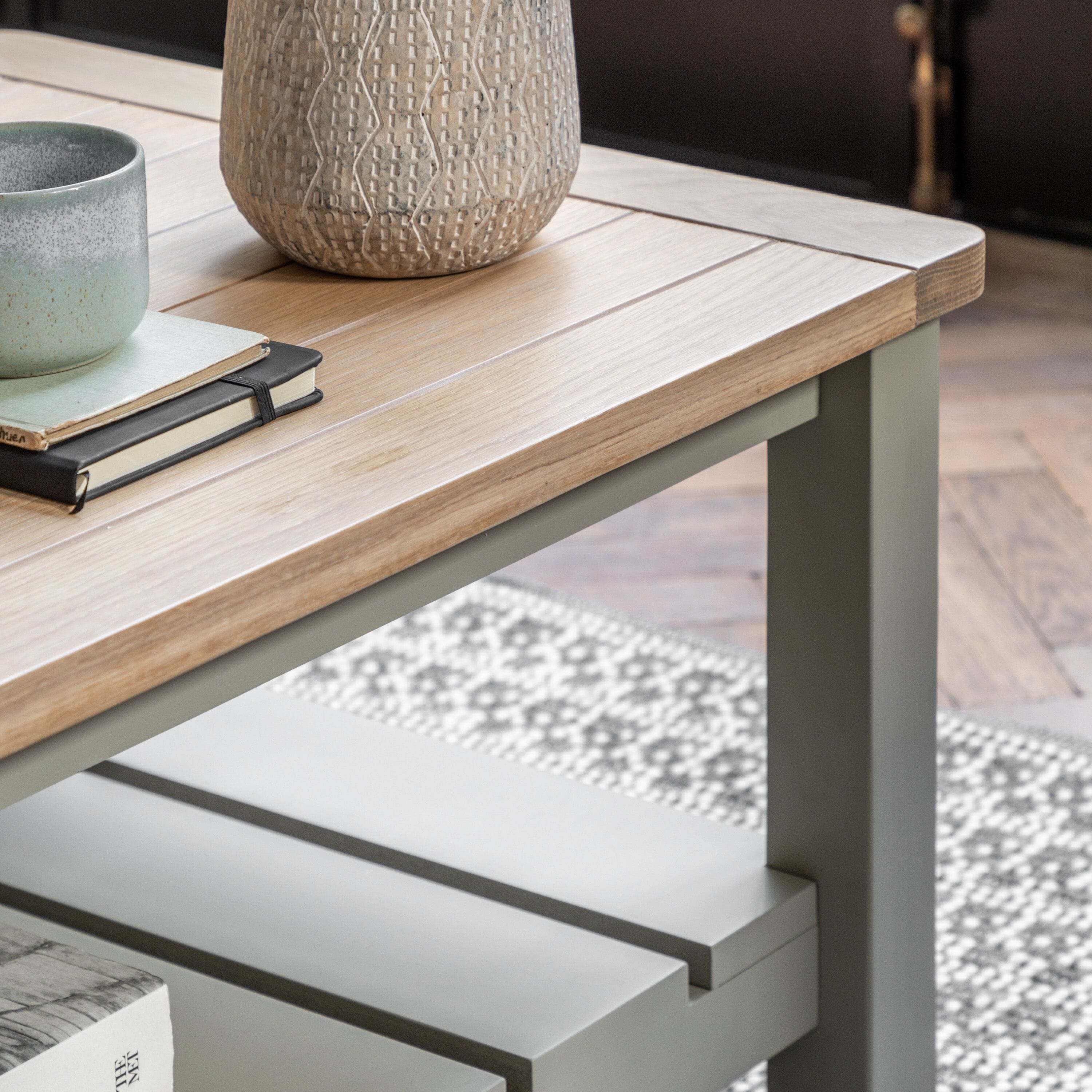 Highclere Sage Green Painted Coffee Table with Oak Top - Image 2