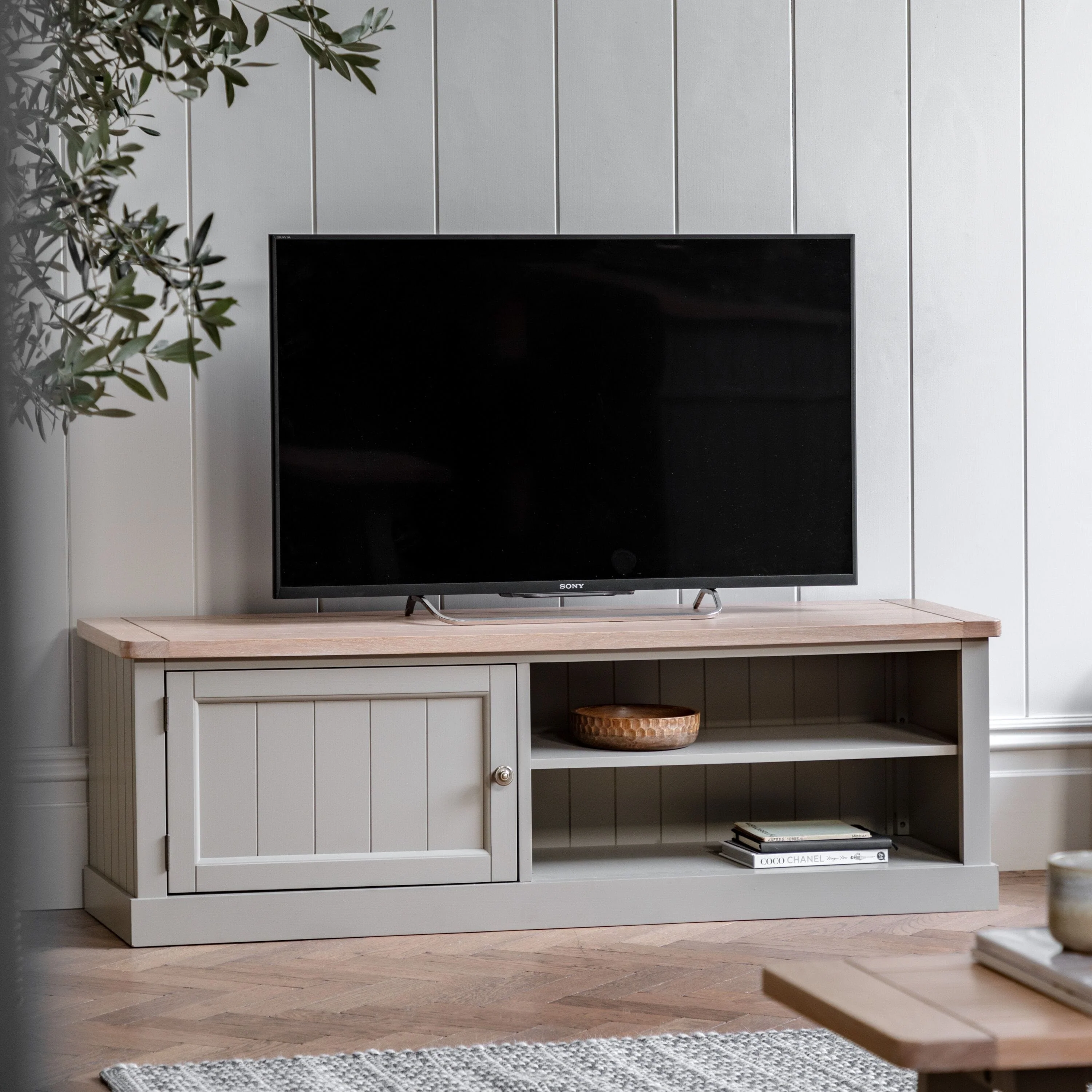 Highclere Sage Green Painted Media Unit with Oak Top