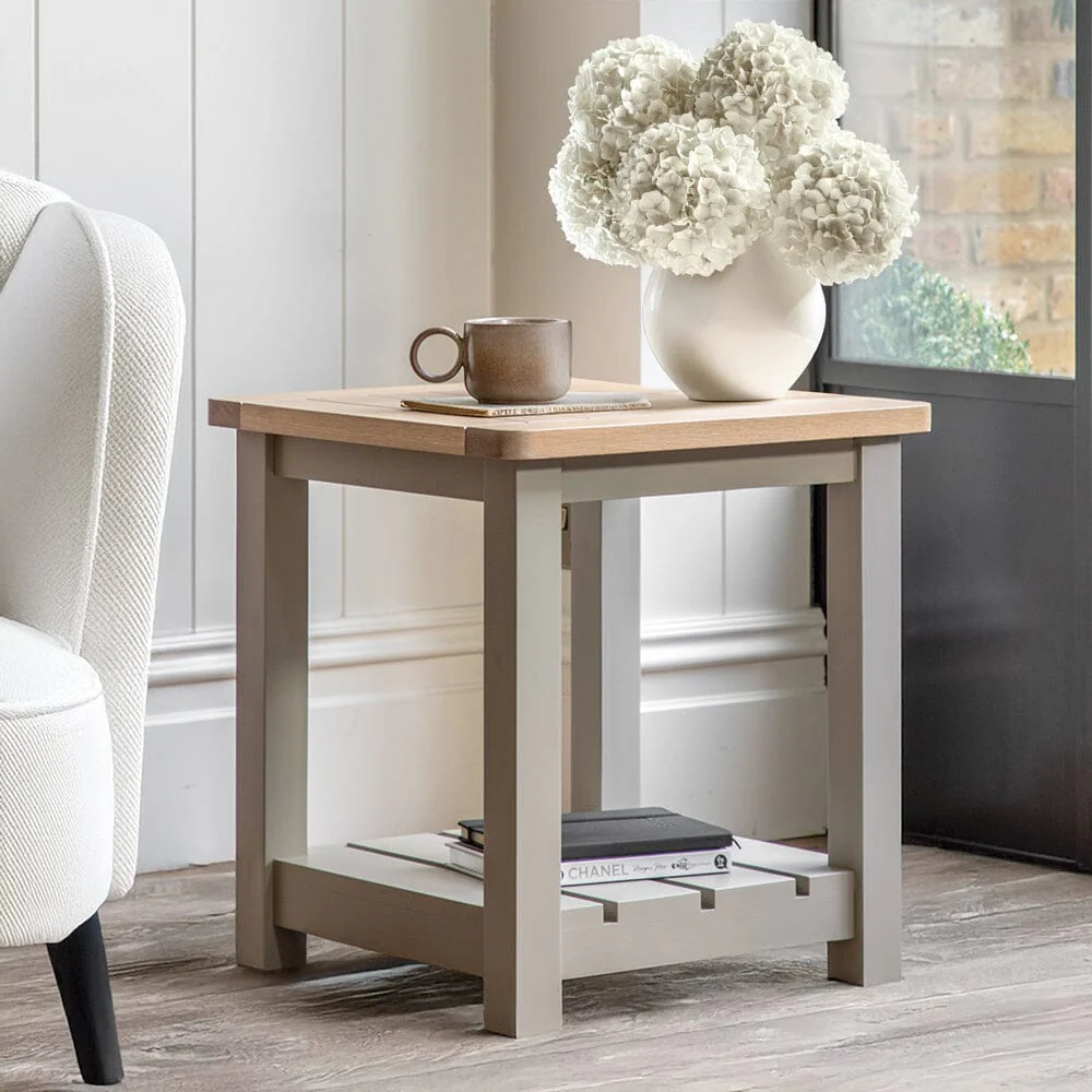 Highclere Sage Green Painted Side Table with Oak Top