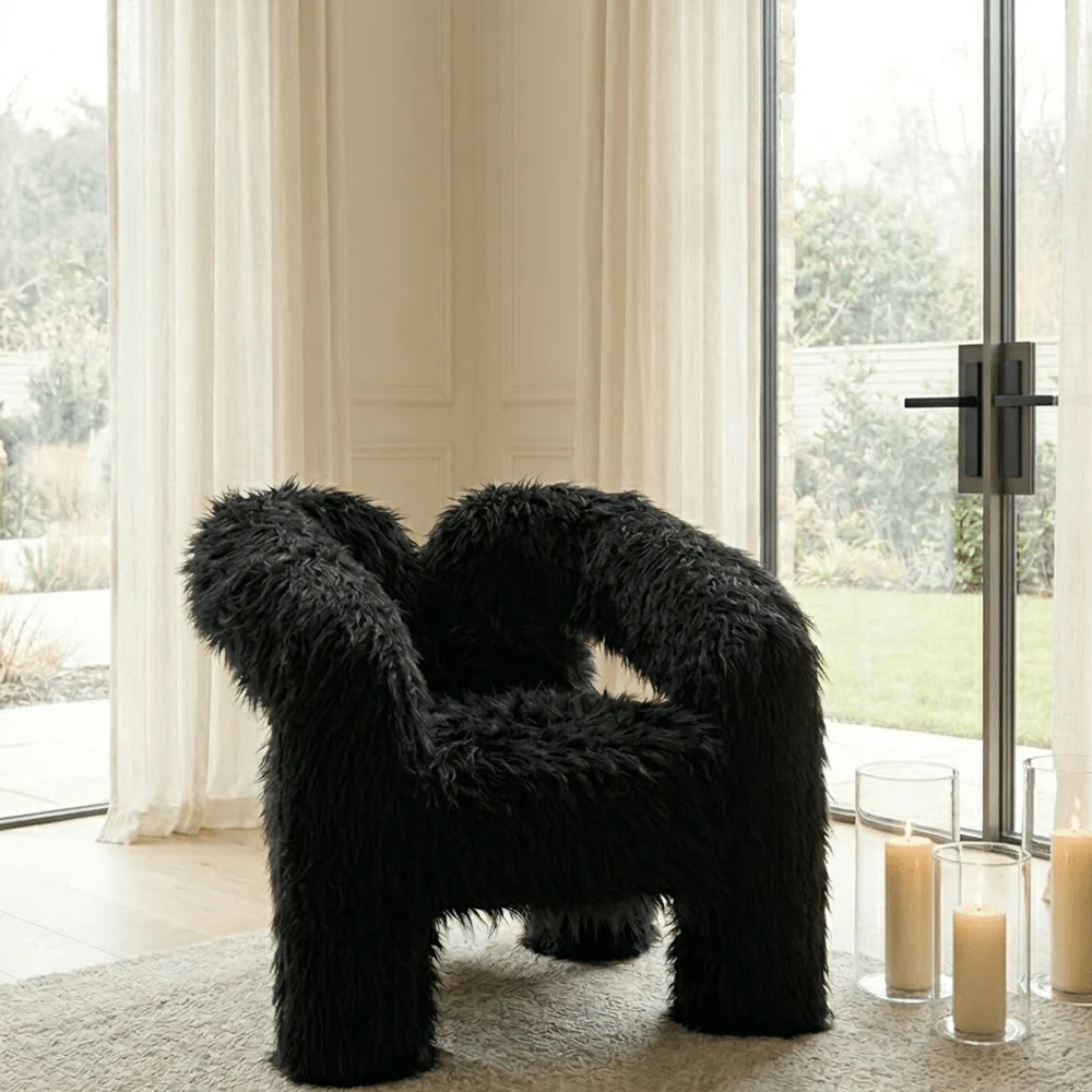 Himalaya Black Faux Fur Statement Curved Accent Chair