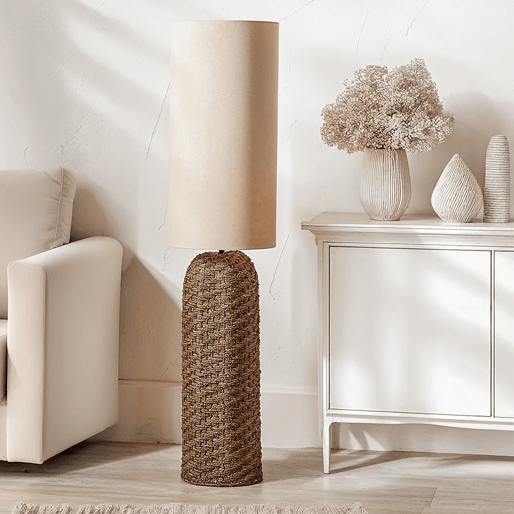 In Stock - Caswell Woven Seagrass Slim Floor Lamp