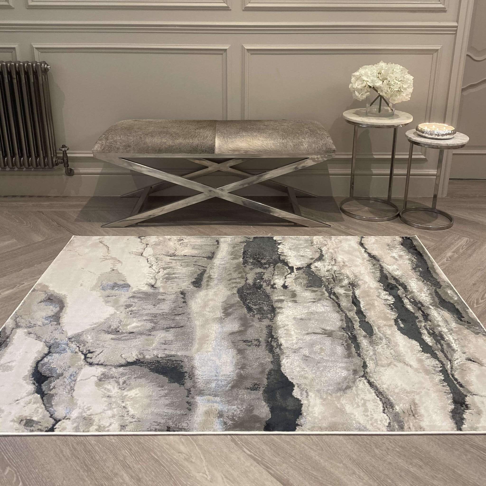 In Stock - Glacial Cream & Grey Marble Wash Velvet Rug - Image 2