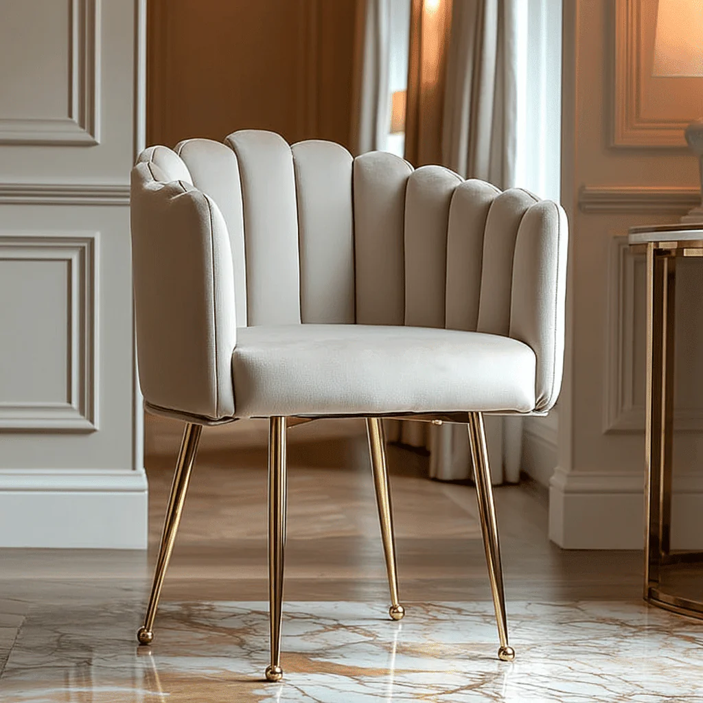In Stock - Kelcie Beige Velvet Scalloped Dining Chair with Gold Legs