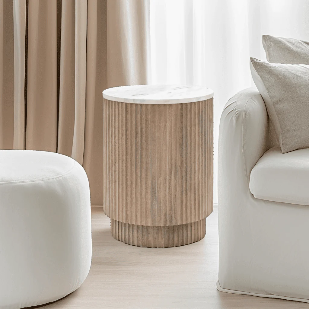 In Stock - Luna Mango Wood Ribbed Round Side Table with Marble Top