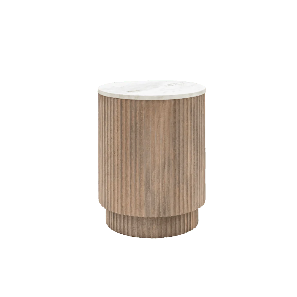 In Stock - Luna Mango Wood Ribbed Round Side Table with Marble Top - Image 2
