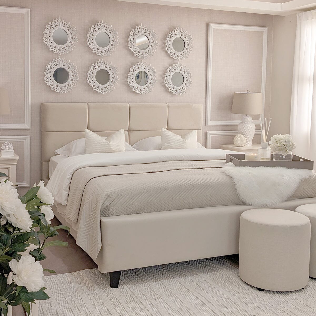 Isabella Luxury Vanilla Velvet Upholstered Bed
