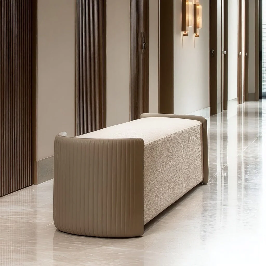 Ivenne Beige Textured Chenille Bench with Leather Accents