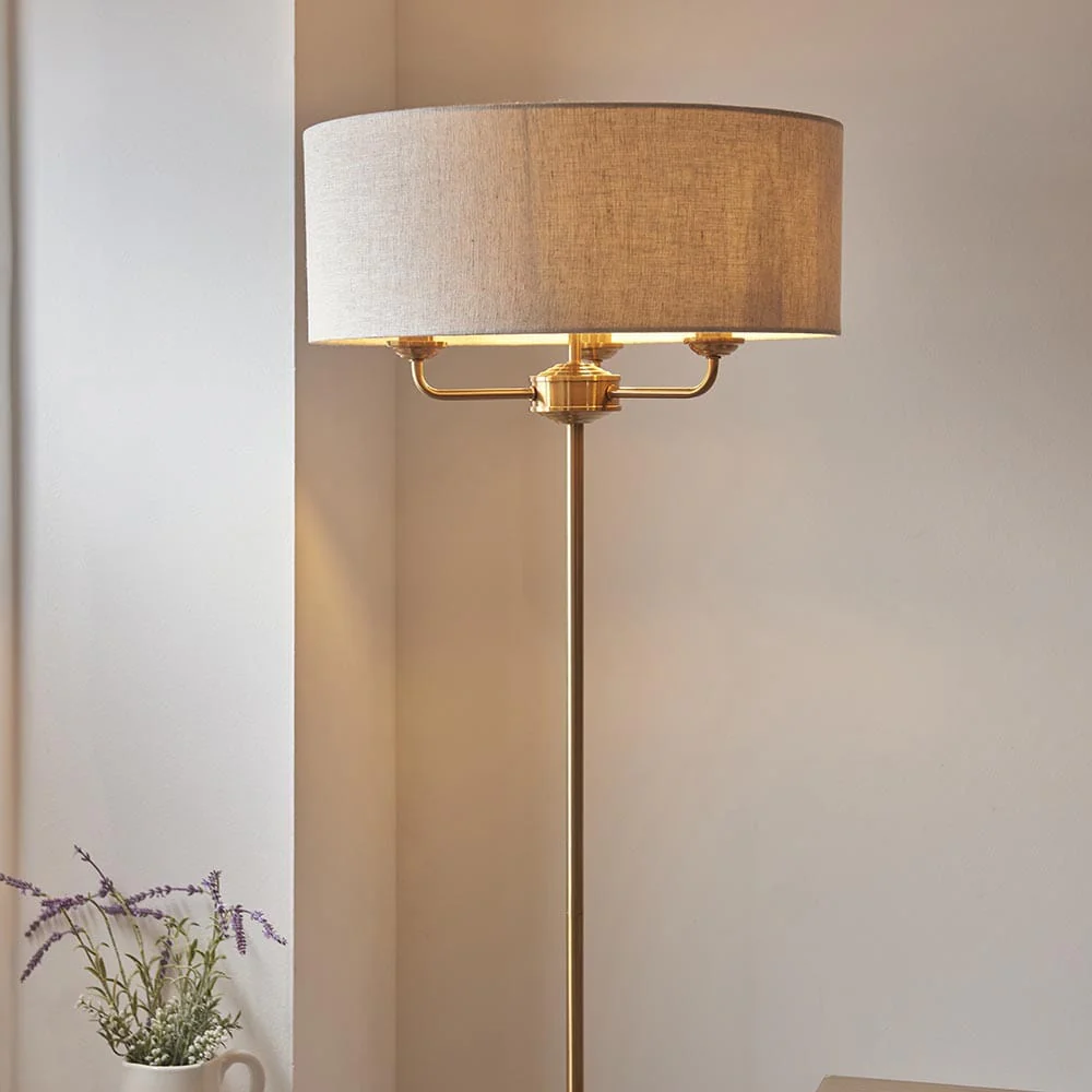 Juniper 3 Light Brass Floor Lamp with Neutral Shade - Image 2