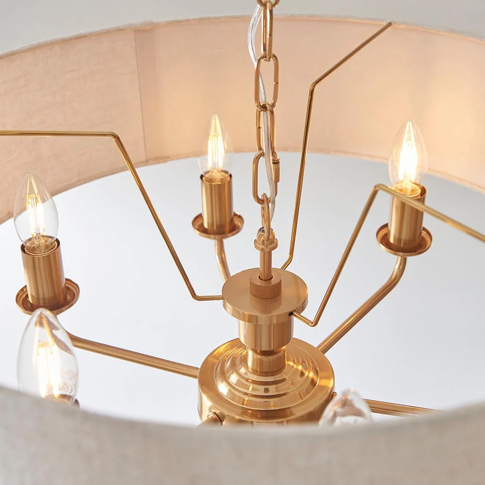 Juniper 6 Light Brass Pendant Ceiling Light with Neutral Shade - Image 3