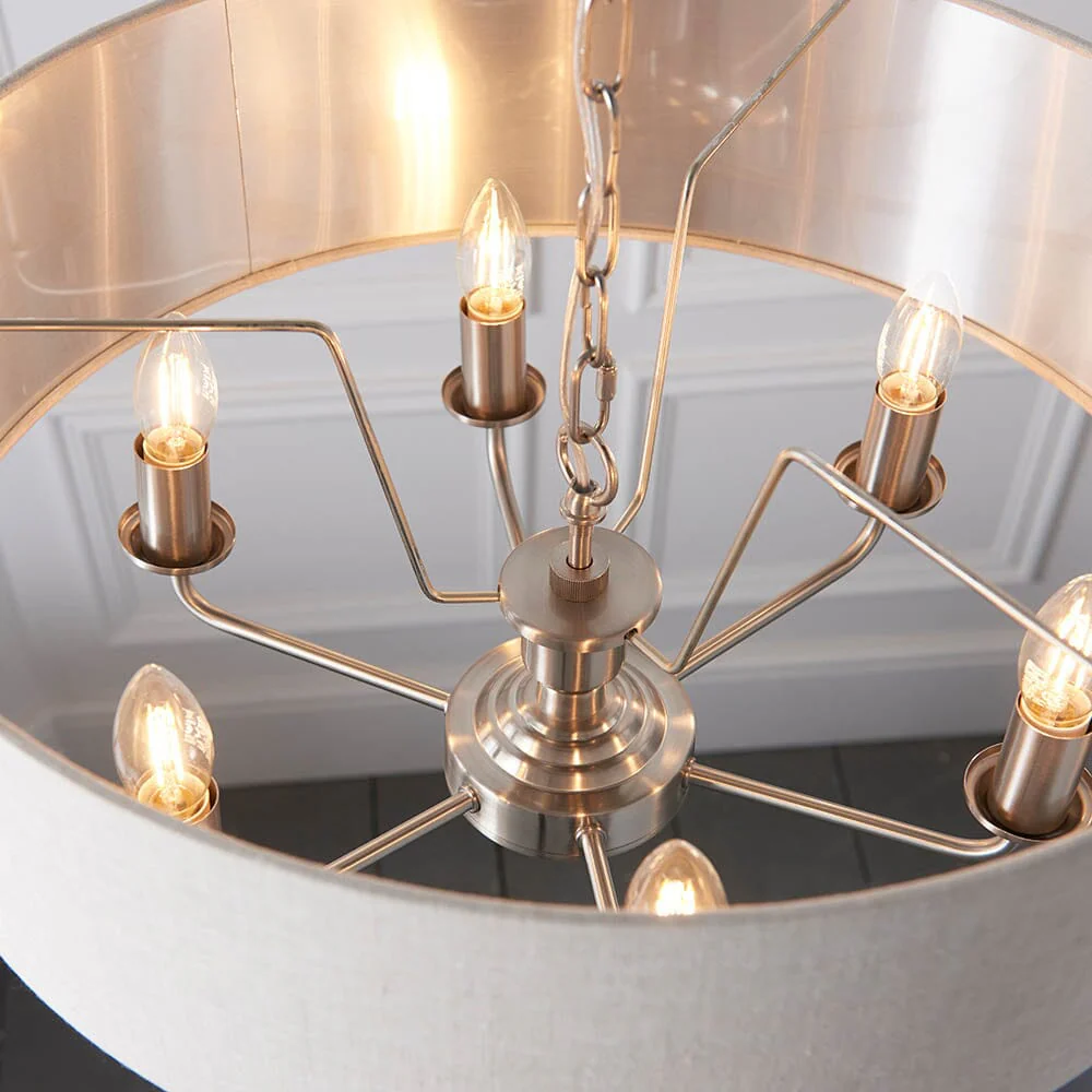 Juniper 6 Light Chrome Pendant Ceiling Light with Neutral Shade - Image 3