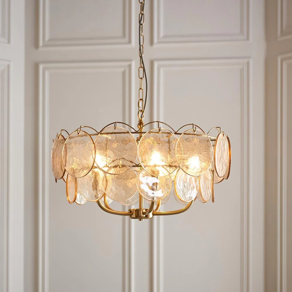 Juno Brushed Brass & Champagne Glass 5 Light Pendant Ceiling Light