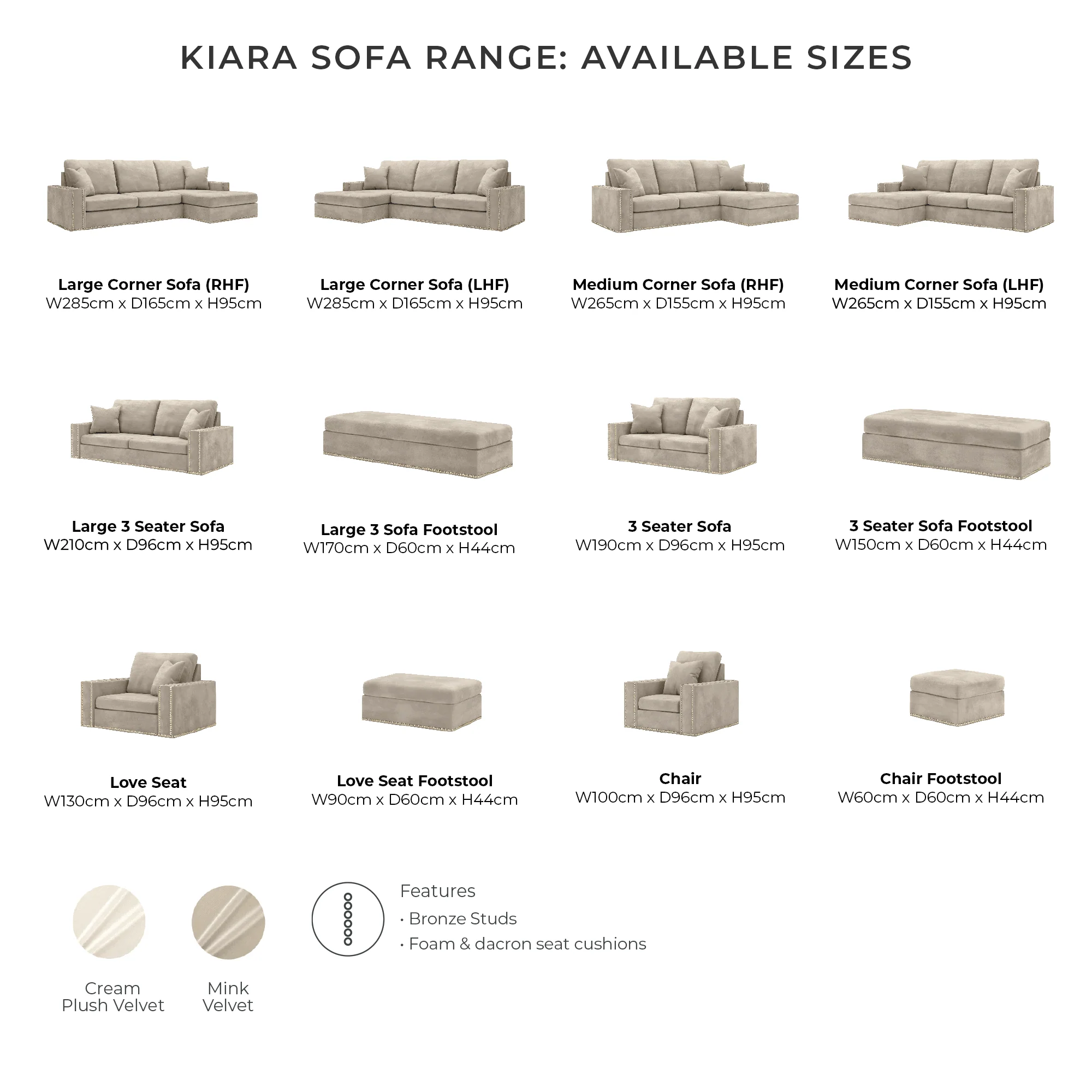 Kiara Cream Velvet Sofa Collection With Brass Studs - Image 3