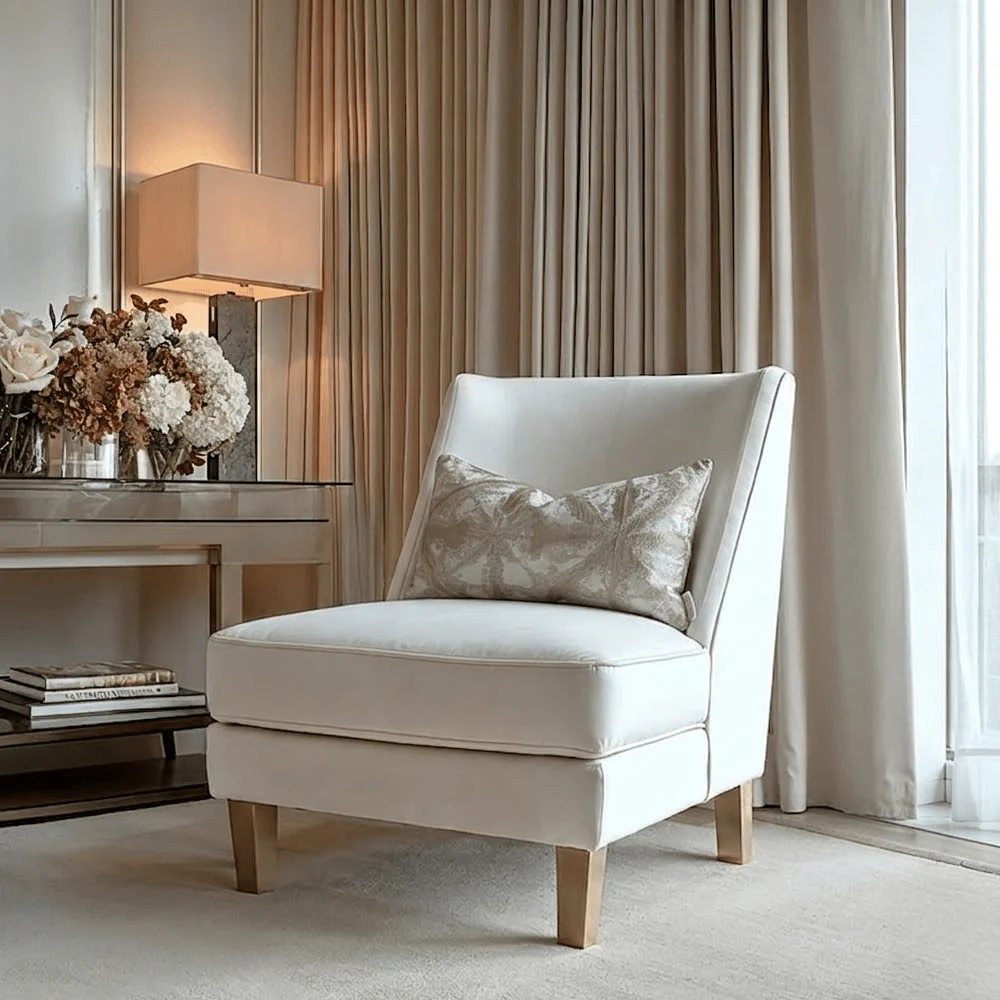 Knightsbridge Cream Velvet Accent Chair with Cream Piping and Gold Leg