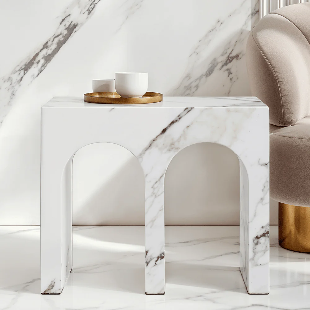Kyoto Luxury White Marble Effect Large Arched Side Table - Image 2
