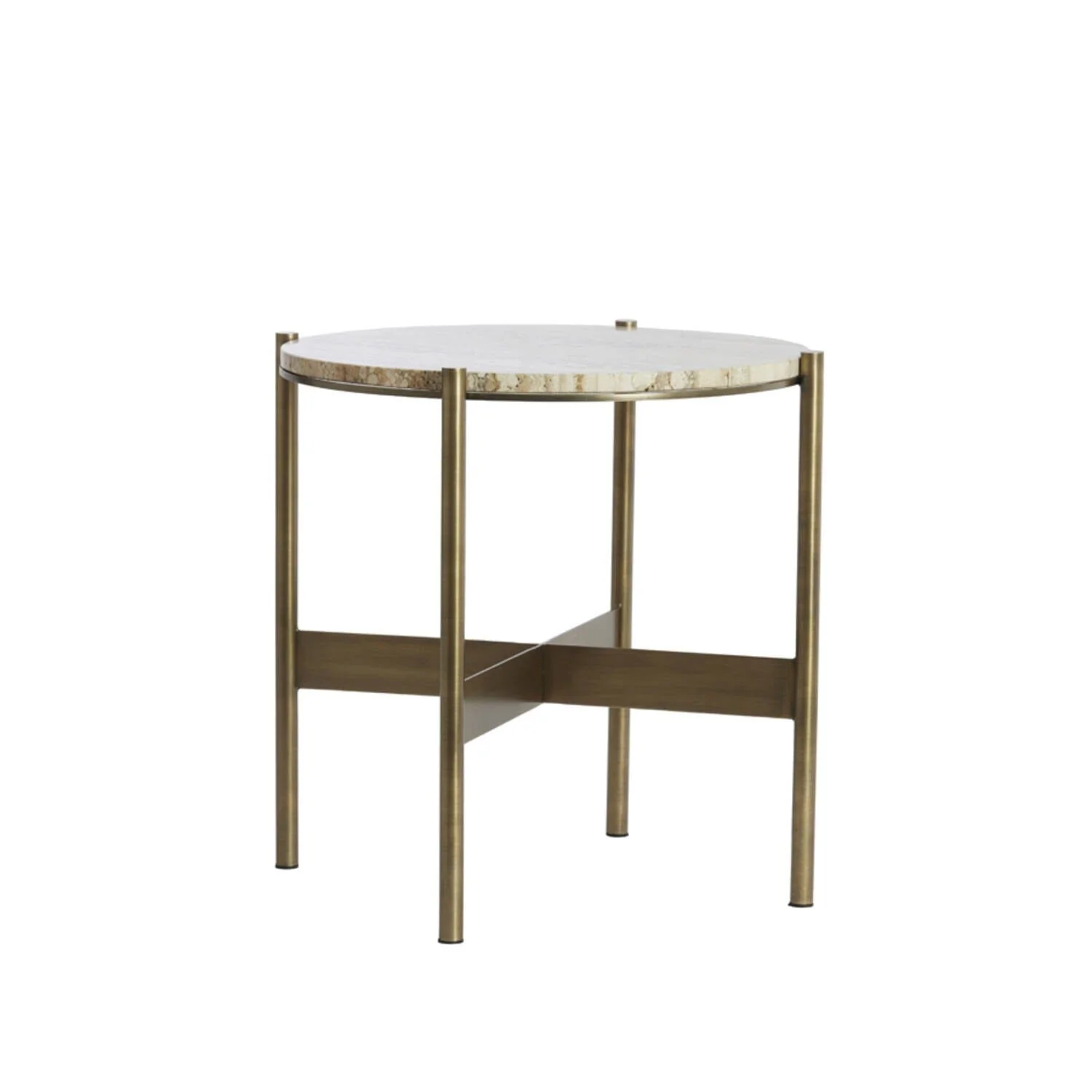 Landis Antique Bronze Round Side Table with Cream Travertine Top - Image 2