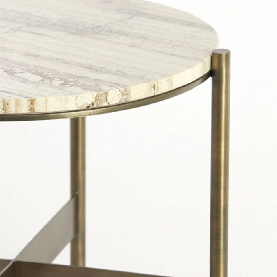 Landis Antique Bronze Round Side Table with Cream Travertine Top - Image 3