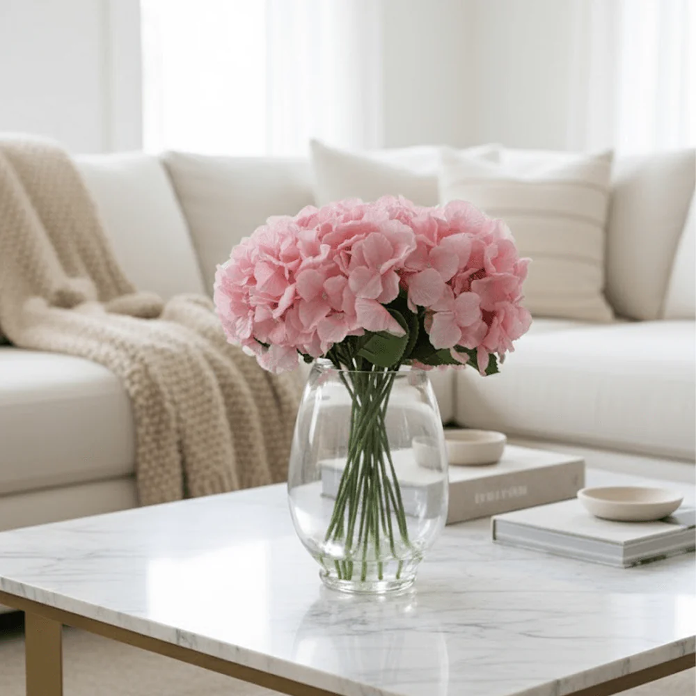 Large Faux Dusky Pink Hydrangeas Floral Arrangement in Fishbowl Vase