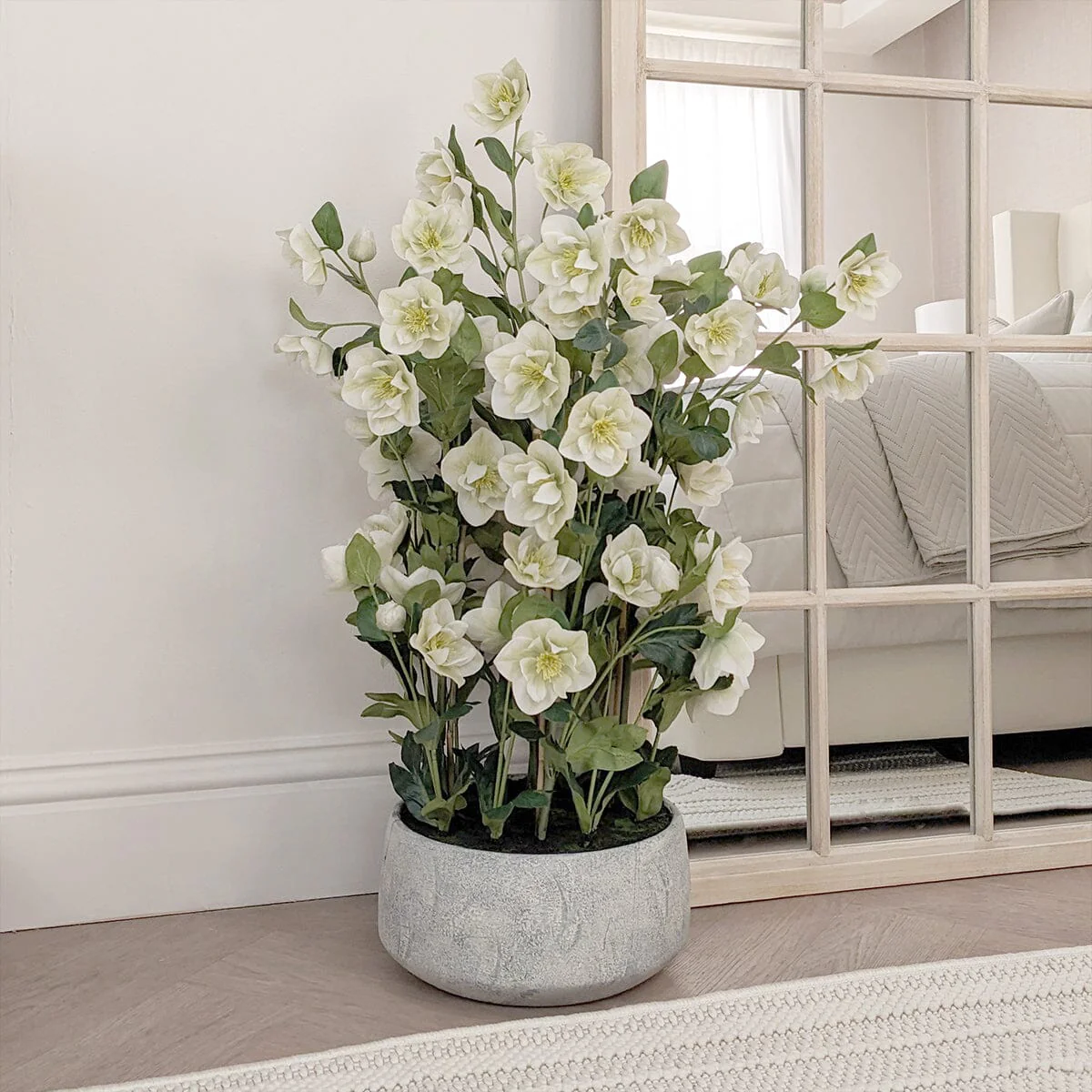 Large Faux White Hellebore Plant in Stone Pot - Image 2