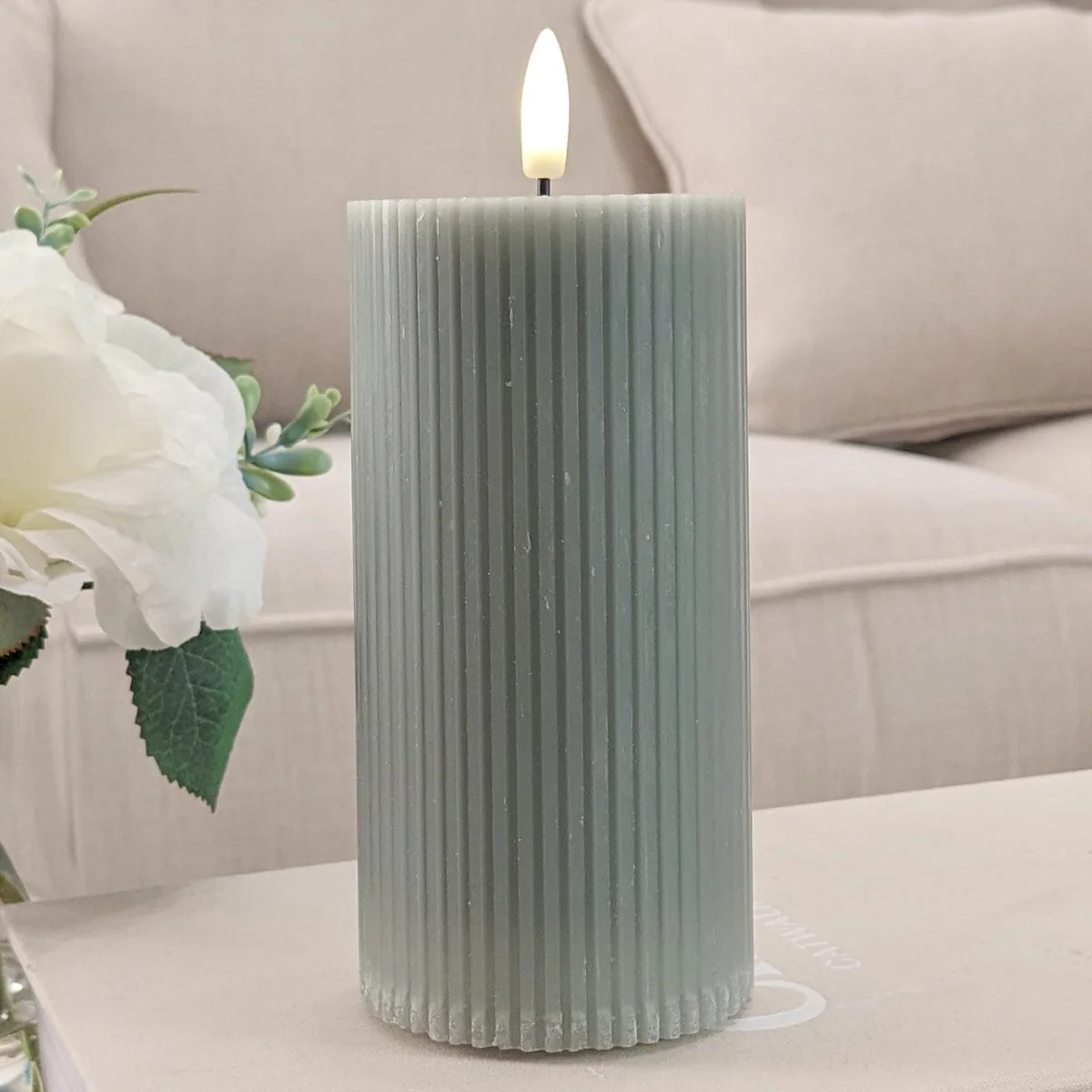 Large Sage Green Realistic Ribbed LED Candle