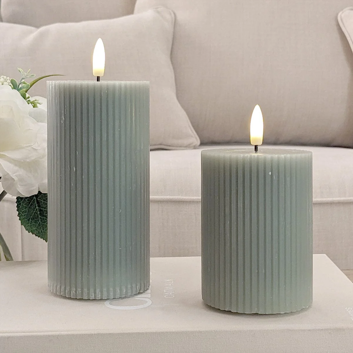 Large Sage Green Realistic Ribbed LED Candle - Image 2