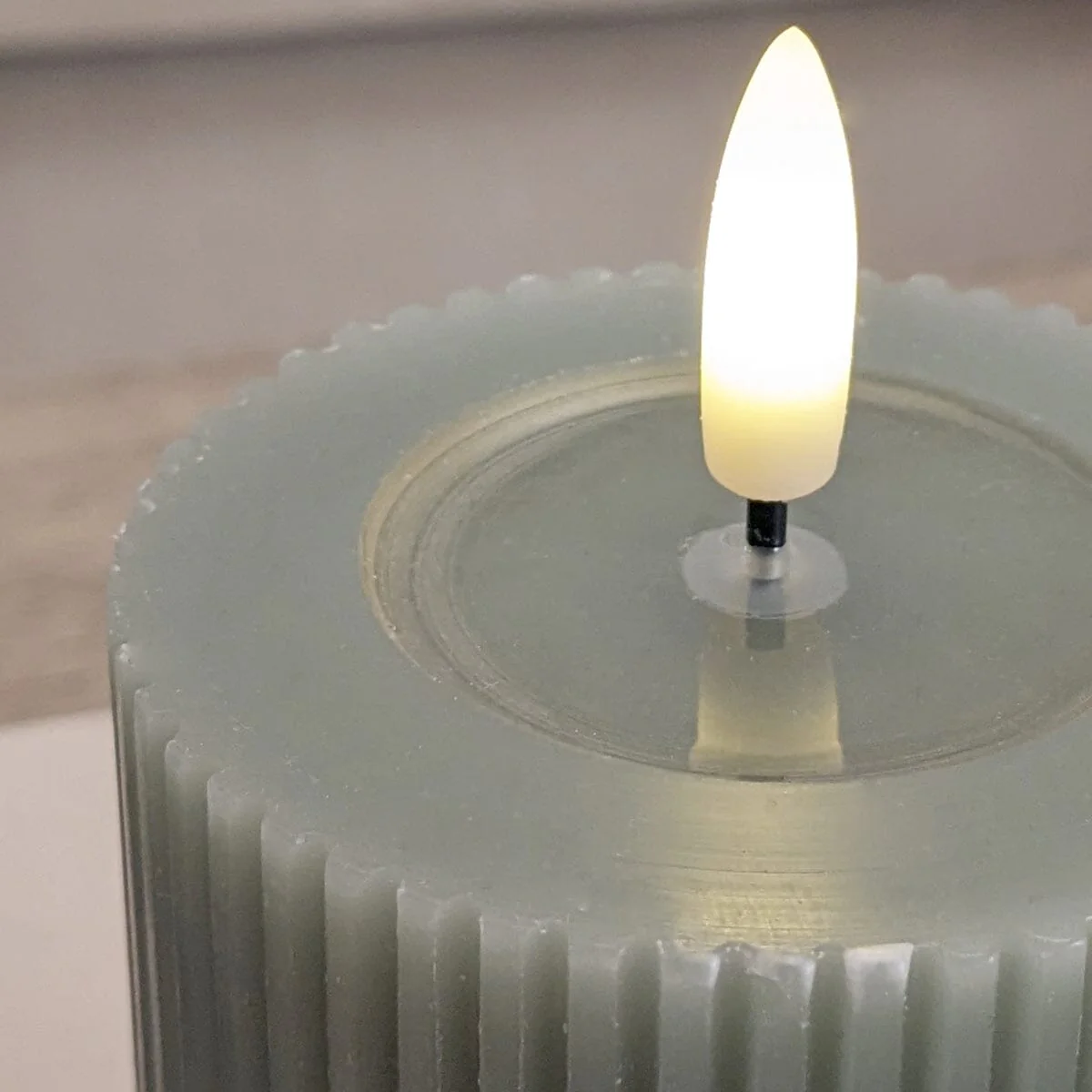 Large Sage Green Realistic Ribbed LED Candle - Image 3