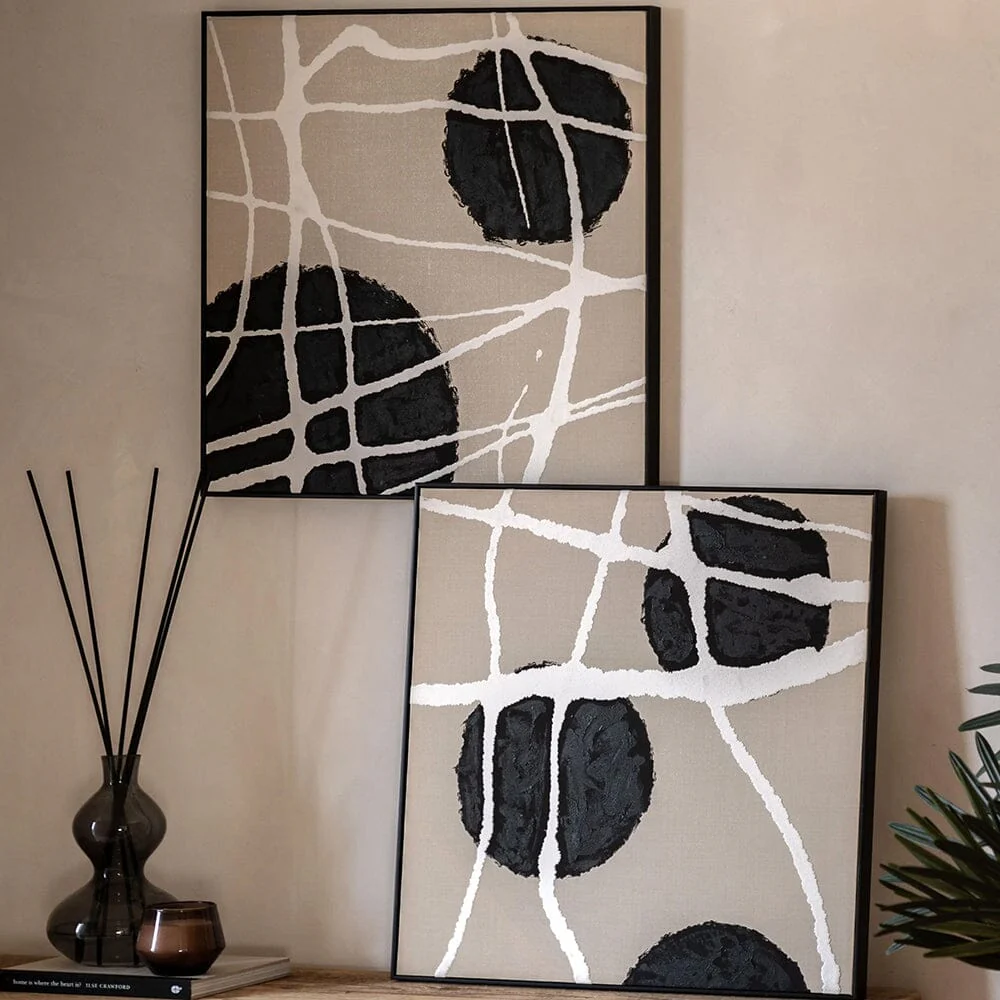 Layla Abstract Monochrome Beige & Black Square Framed Canvas Wall Art - Set of 2 - Image 2