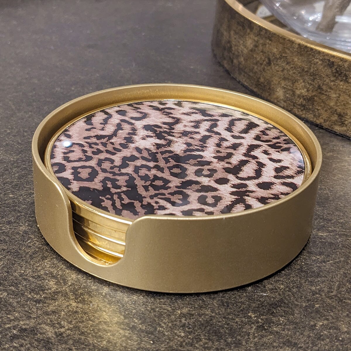 Leopard Print Coasters with Gold Holder - Set of 4 - Image 2