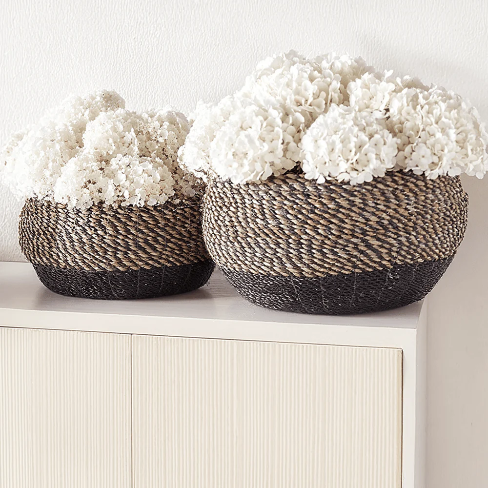 Lilah Seagrass Natural & Black Round Baskets - Set of 2