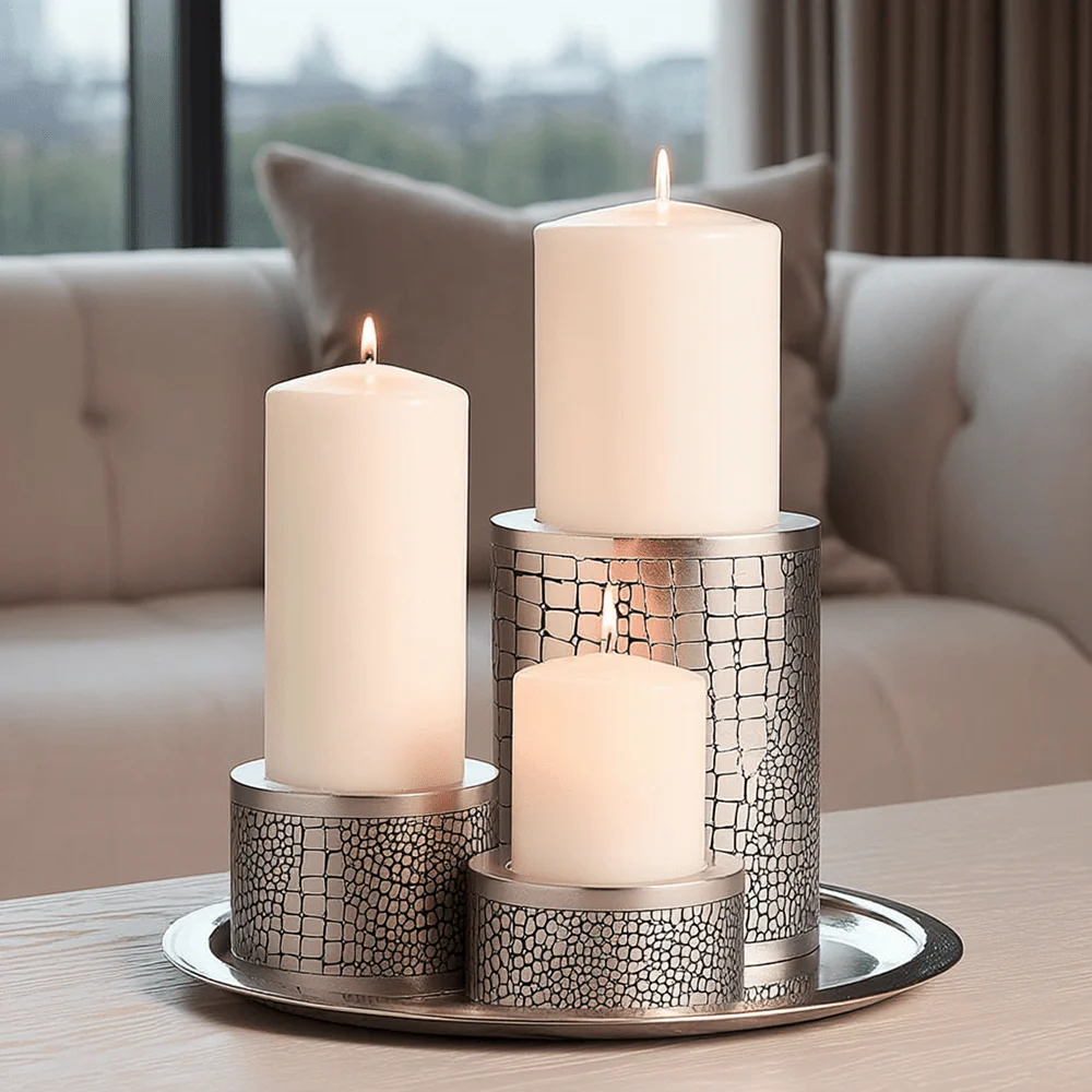 Lillebonne Silver Croc Print Pillar Candle Holders- Set of 3