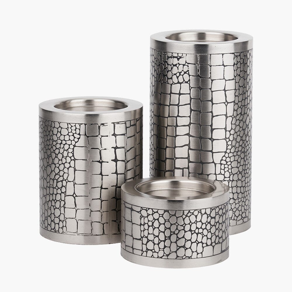 Lillebonne Silver Croc Print Pillar Candle Holders- Set of 3 - Image 2