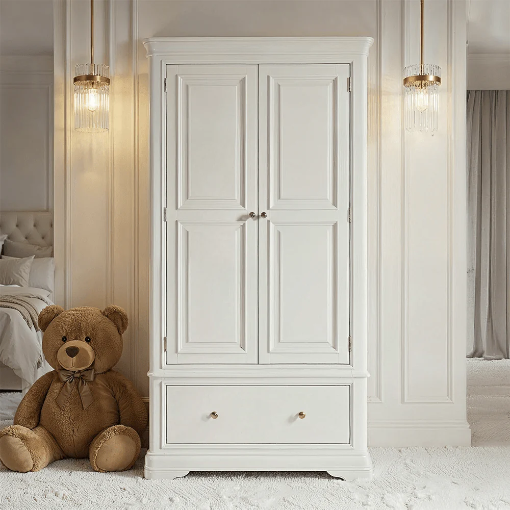 Louvre White Wooden 2 Door 1 Drawer Wardrobe