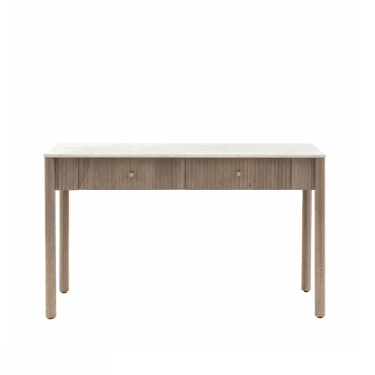 Luna Mango Wood Ribbed 2 Drawer Console Table with Marble Top - Image 2