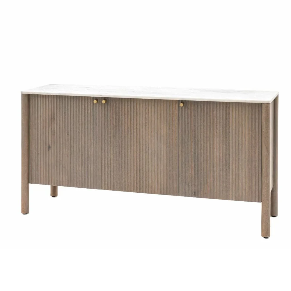 Luna Mango Wood Ribbed 3 Door Sideboard with Marble Top - Image 6