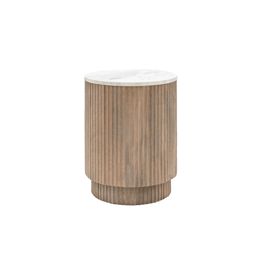 Luna Mango Wood Ribbed Round Side Table with Marble Top - Image 2