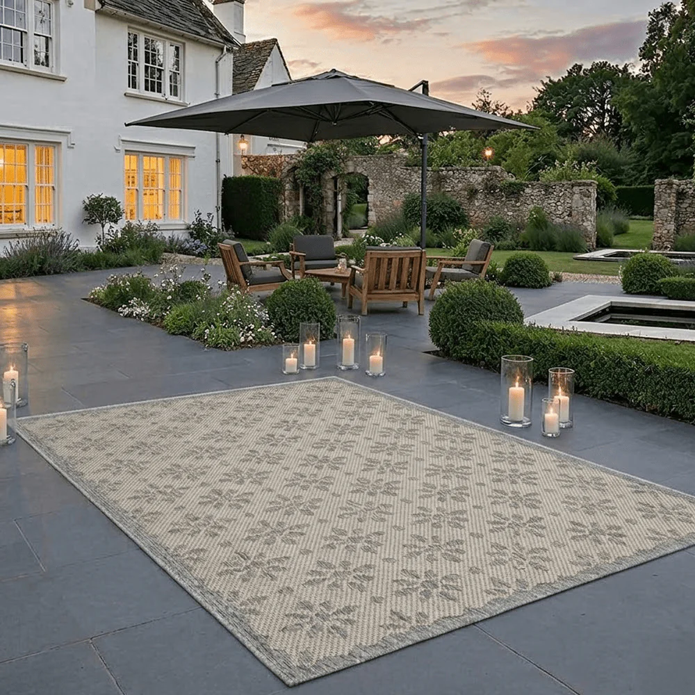 Malibu Cream & Grey Floral Print Indoor / Outdoor Rug