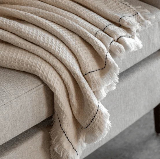 Marceline Cream Waffle Textured Throw with Black Stitched Border