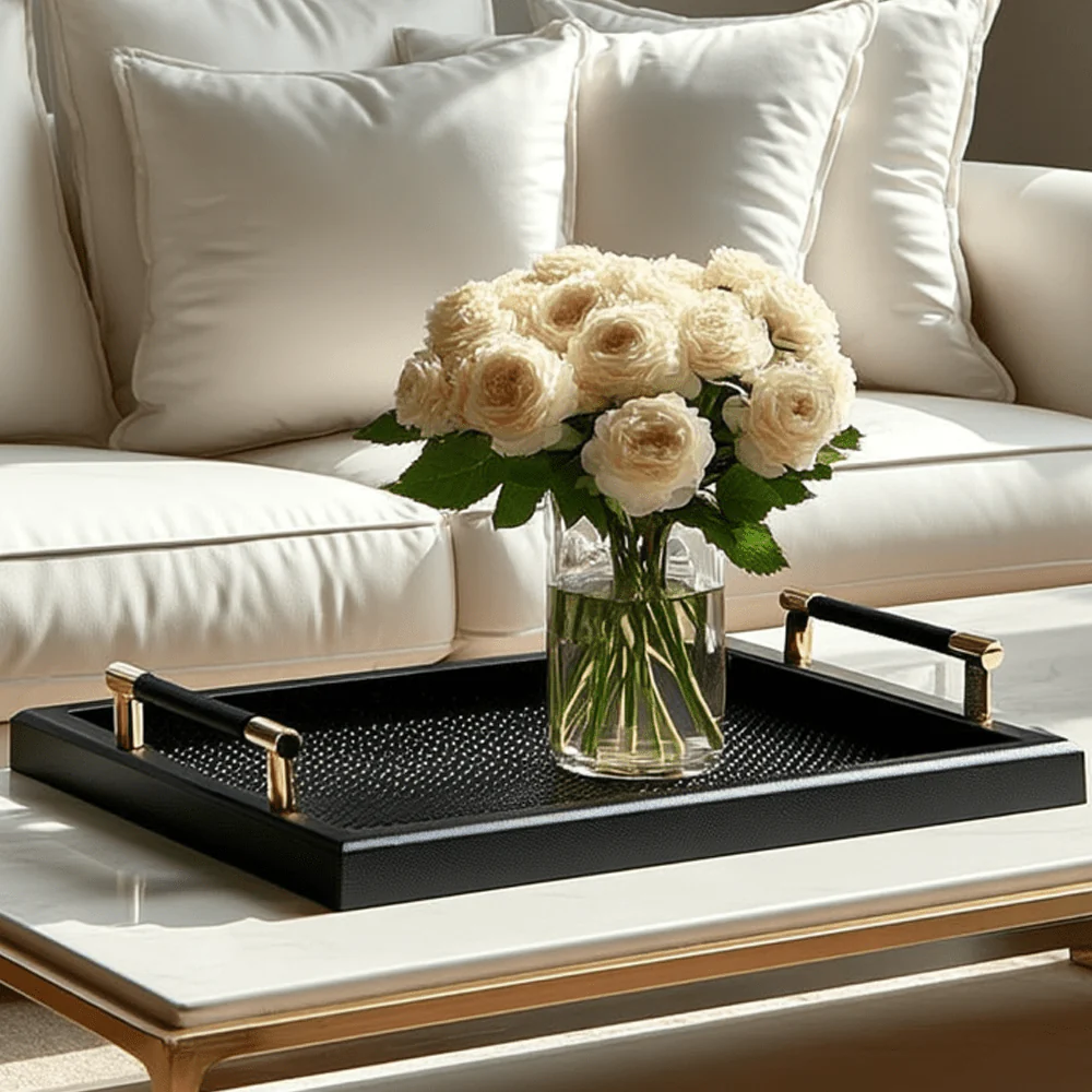 Margo Luxury Black Textured Tray with Gold Handles
