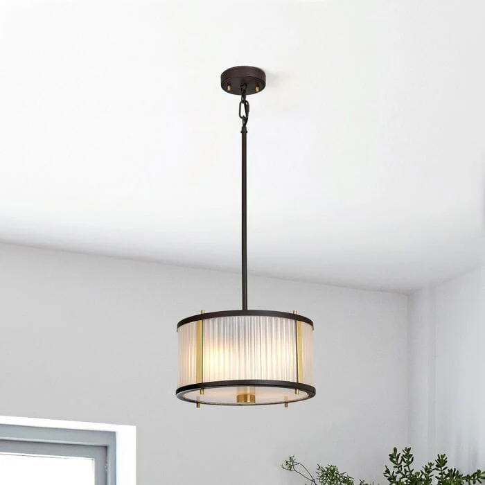 Maria Dark Brown & Brass Ribbed Glass 2 Light Pendant Ceiling Light