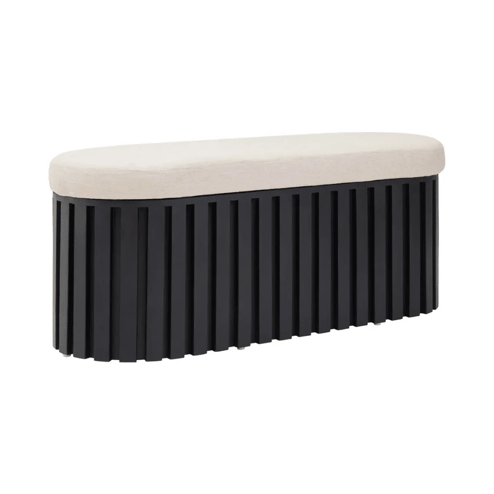 Mariana Black Slatted Bench with Cream Linen Upholstery - Image 2