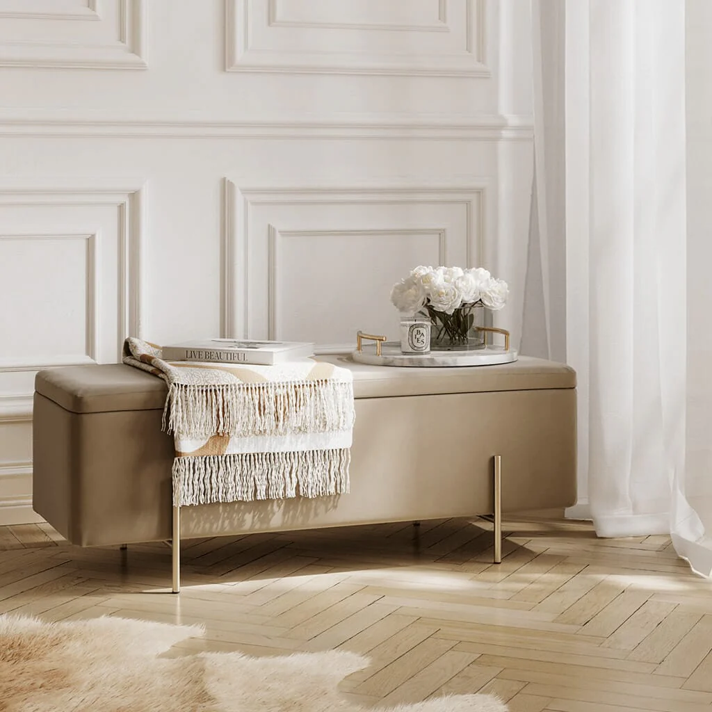 Maya Beige Velvet Ottoman Box with Gold Feet