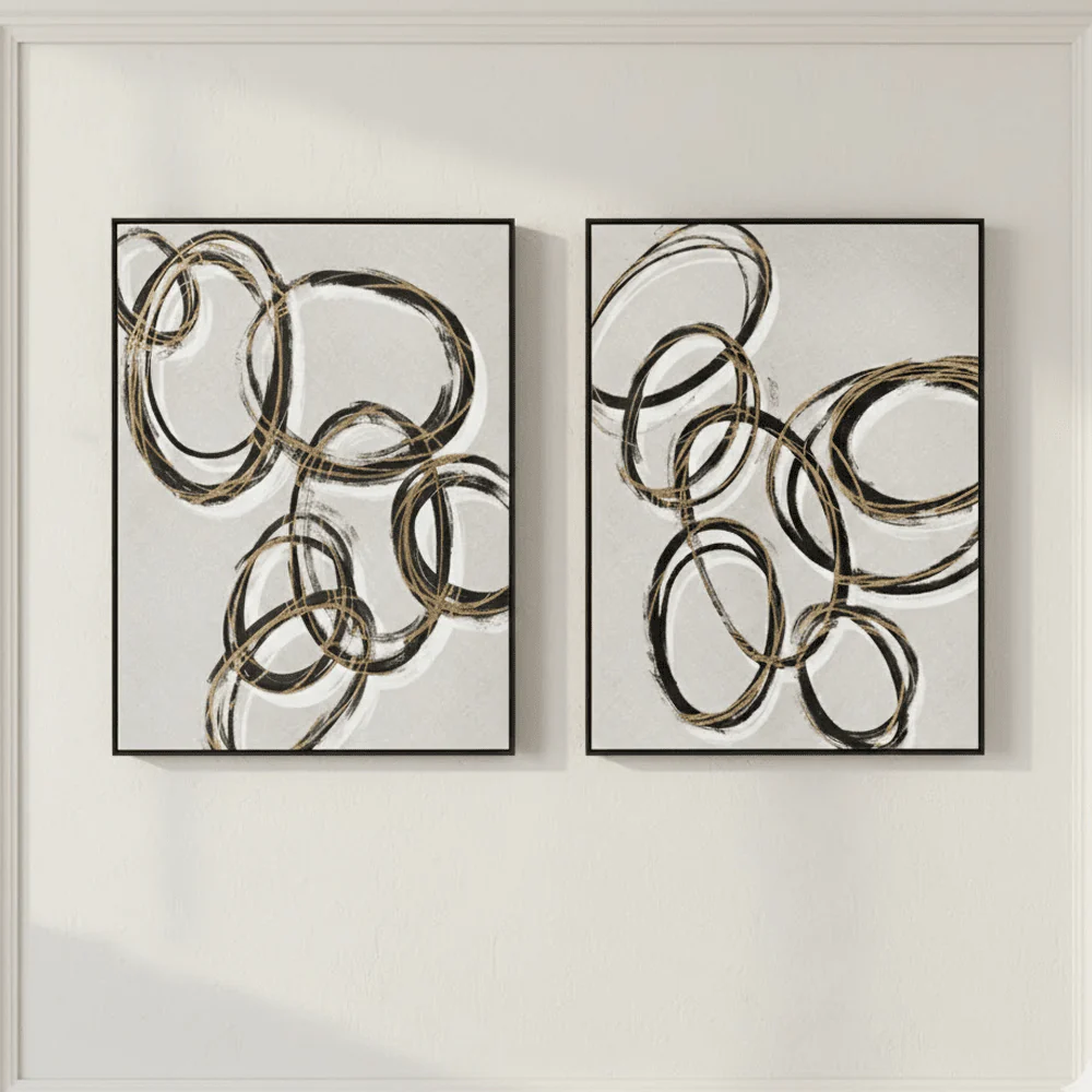 Mayce Abstract Gold & Black Circles Framed Canvas Wall Art - Set of 2
