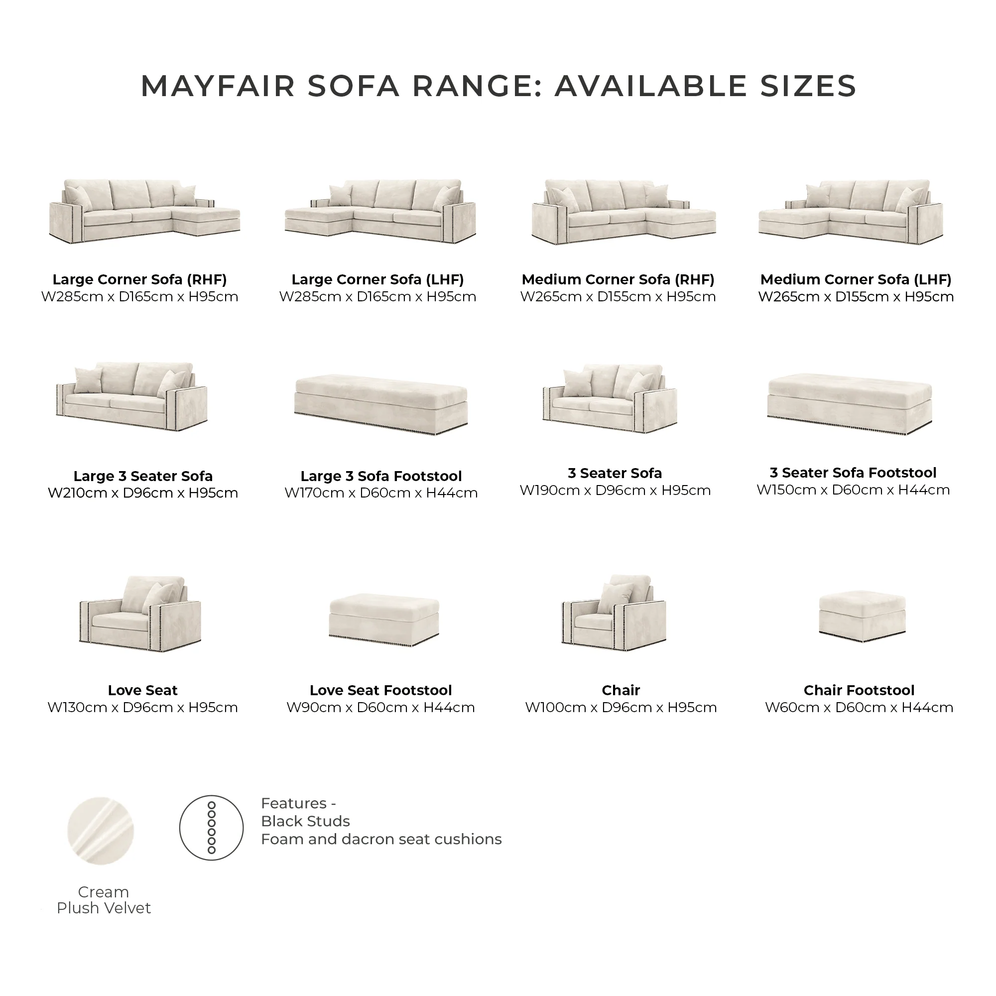 Mayfair Cream Velvet Sofa Collection, With Black Studs - Image 9