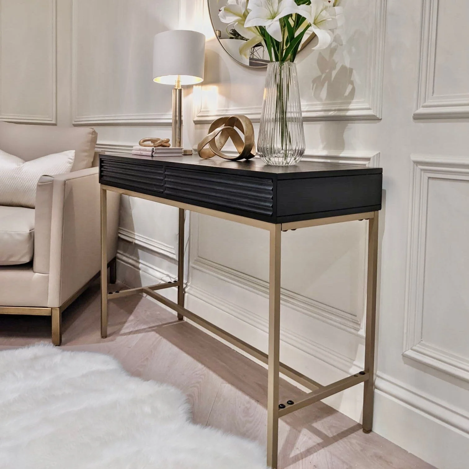 In Stock - Mayfield Black & Gold Premium Rippled Console Table