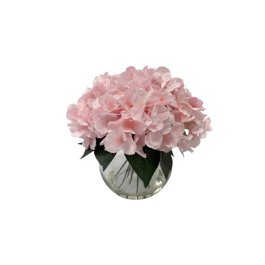 Medium Faux Dusky Pink Hydrangeas Floral Arrangement in Fishbowl Vase - Image 2