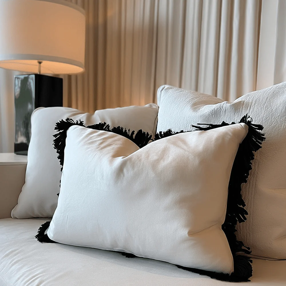 Melina Cream Velvet Bolster Cushion with Black Fringe Detailing - 35x50cm