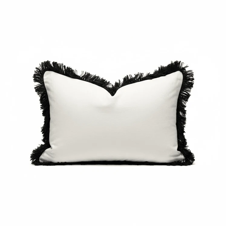Melina Cream Velvet Bolster Cushion with Black Fringe Detailing - 35x50cm - Image 2